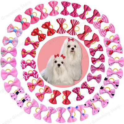 100pcs Dog Grooming Bows Pink Red rose pink Cat Pet hair bows Princess girls hair accessories Pet Dog Bowknot Rubber bands