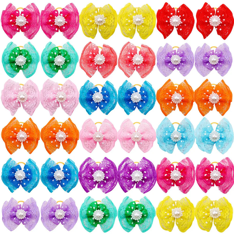 20pcs New Lace Pet Hair Bows Cat Puppy Girls Rubber Band Bows with Diomand Grooming for Small Dog Headewar Pet Hair Accessories