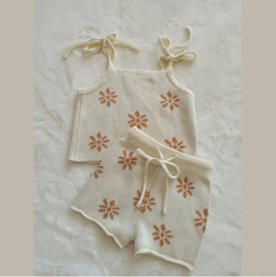 4160 Korean Baby Clothing Set 2024 Summer Autumn Girl's Suit Cotton Suspender Top+ Shorts Sweater Two-piece Suit